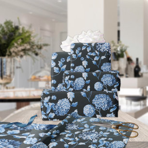 Blue Floral Toile Black Ombre Background Wrapping Paper