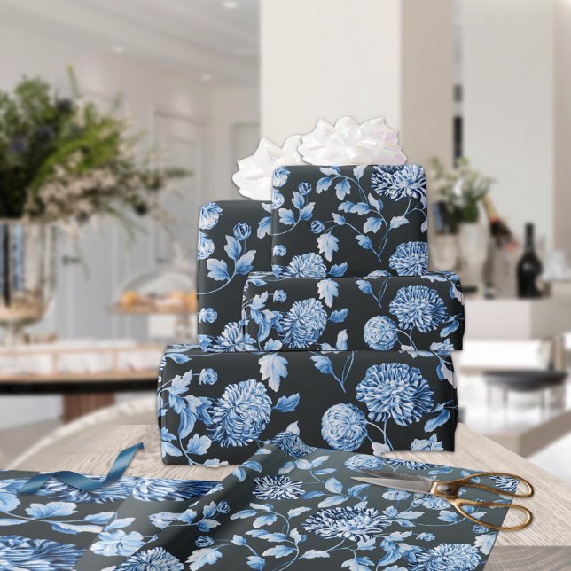 Blue Floral Toile Black Ombre Background Wrapping Paper (Creator Uploaded)