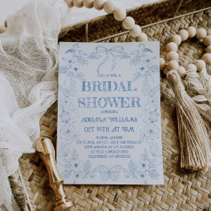Blue Floral Toile Bow Bridal Shower Invitation