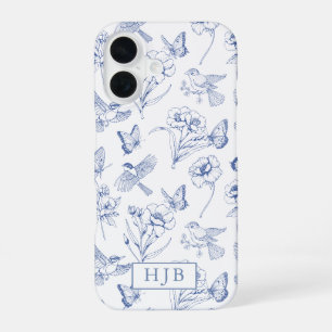 Blue Floral Toile Butterfly Monogram iPhone Case