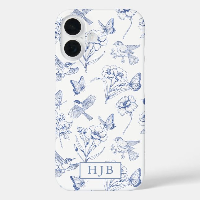 Blue Floral Toile Butterfly Monogram iPhone Case (Back)