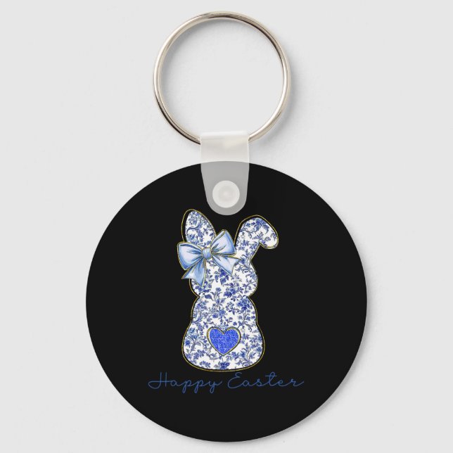 Blue Floral Toile Chinoiserie Bunny Easter For Gir Keychain (Front)