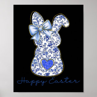Blue Floral Toile Chinoiserie Bunny Easter For Gir Poster