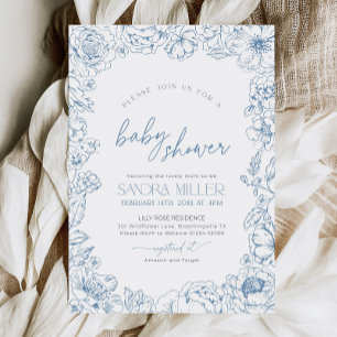 Blue Floral Toile de Jouy Baby Shower Invitation