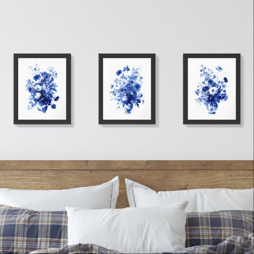 Blue Floral Toile Flowers in Vase Watercolor Wall Art Sets