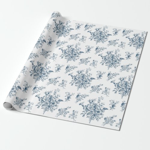 Blue Floral Toile Vintage Bouquet Elegant Wrapping Paper