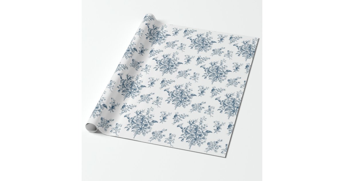 Blue Floral Toile Gift Wrap, 24x85' Roll