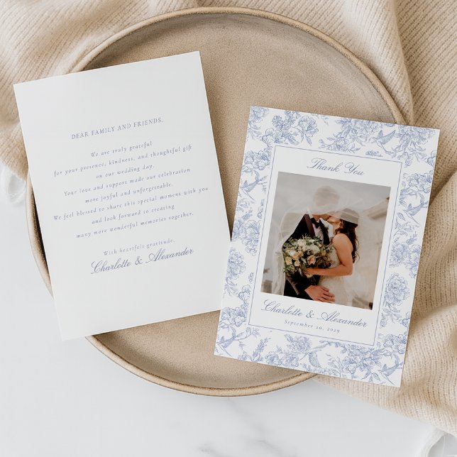 Blue Floral Toile Wedding Thank You Card (Creator Uploaded)