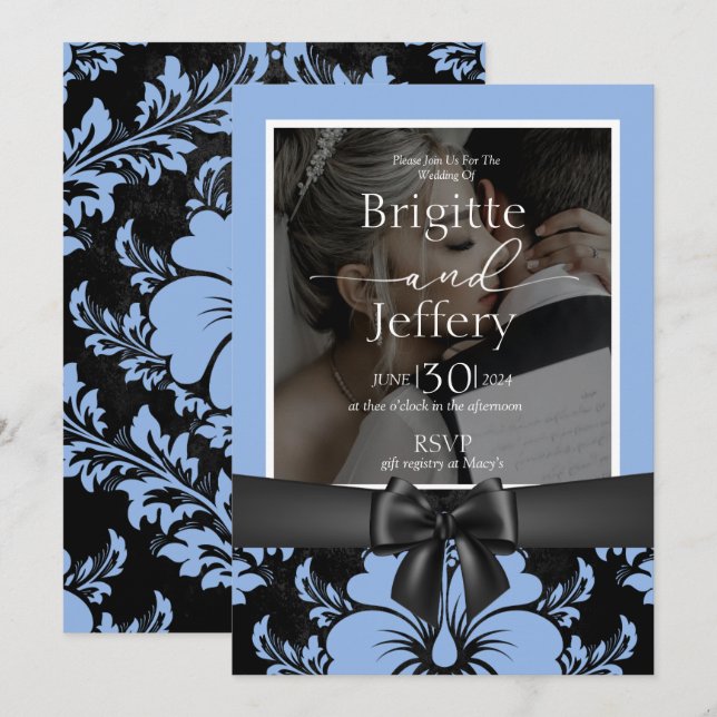 Blue floral traditional photo invitation (Front/Back)