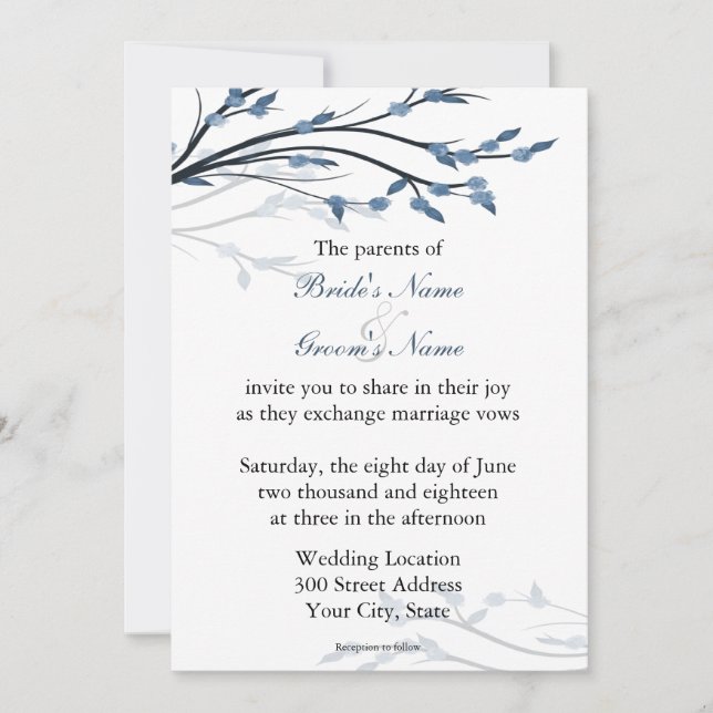 Blue Floral Tree Branches Wedding Invitations (Front)