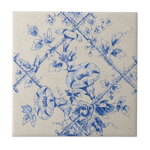 Blue Floral Trellis Victorian Reproduction Ceramic Tile