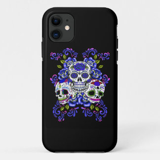 Blue Floral Triple Sugar Skull Day Of The Dead iPhone 11 Case
