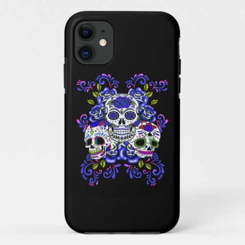 Blue Floral Triple Sugar Skull Day Of The Dead iPhone 11 Case