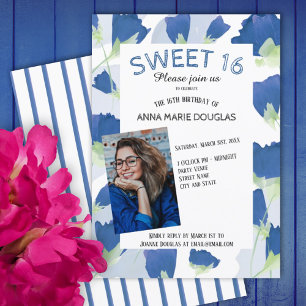Blue Floral Tulips Sweet 16 Invitations