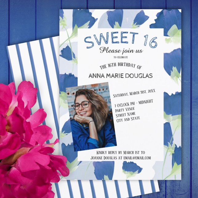 Blue Floral Tulips Sweet 16 Invitations (blue tulips floral summer spring springtime sweet 16 sixteen party invitations, flowers, stripes)