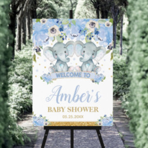Blue Floral Twin Boys Elephant Baby Shower Welcome Foam Board