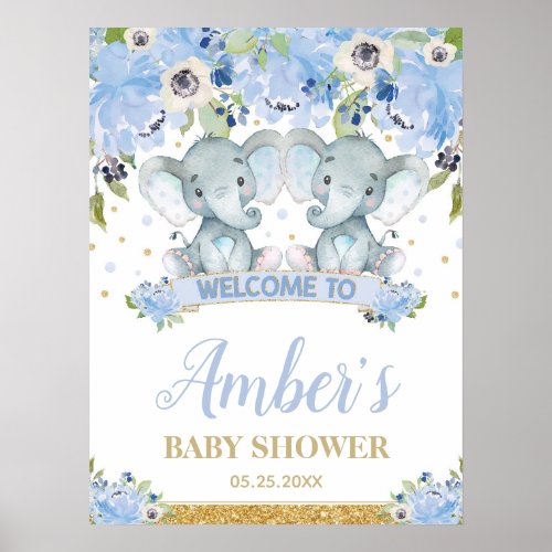 Blue Floral Twin Boys Elephant Baby Shower Welcome Poster