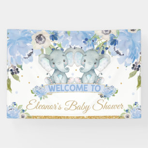 Blue Floral Twins Elephant Boys Welcome Backdrop Banner