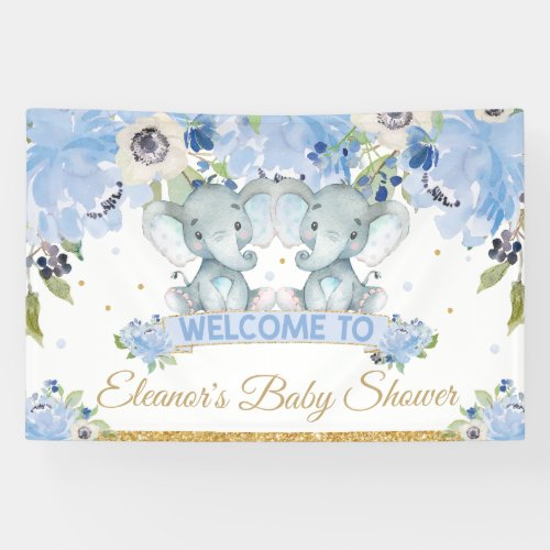 Blue Floral Twins Elephant Boys Welcome Backdrop Banner
