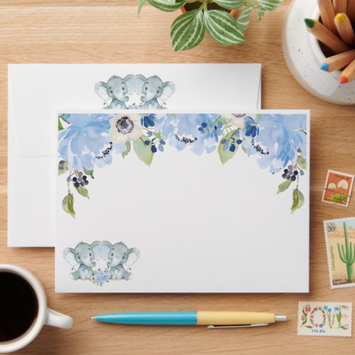 Blue Floral Twins Elephants Baby Shower Birthday Envelope