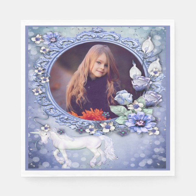 Blue Floral Unicorn Photo Birthday Napkins (Front)