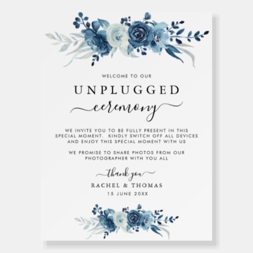 Blue floral Unplugged ceremony wedding sign