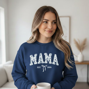 Blue Floral Varsity Mama Est Minimalist Feminine Sweatshirt