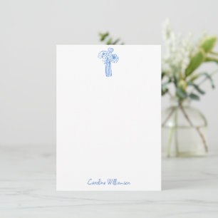 Blue Floral Vase Line Art Doodle Personalized Name Note Card