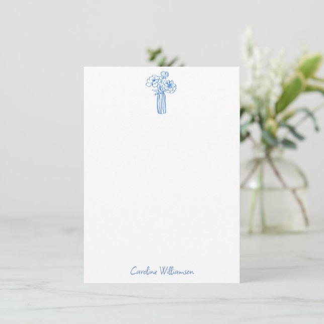 Blue Floral Vase Line Art Doodle Personalized Name Note Card (Standing Front)