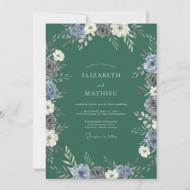 Blue Floral Verdant Flourish Wedding Invitation (Front)