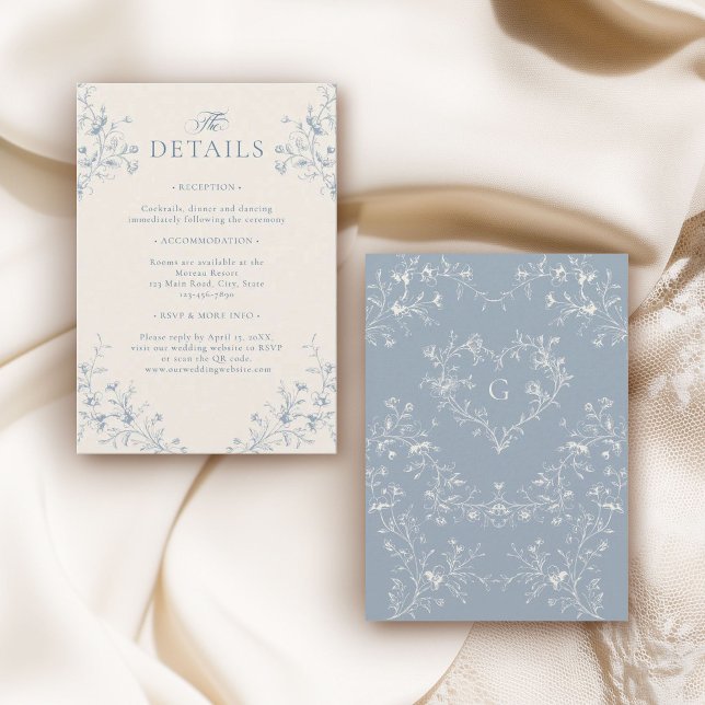 Blue Floral Victorian Heart Monogram Wedding Enclosure Card (Creator Uploaded)