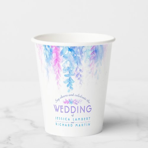 Blue floral vine flowers watercolor wedding  paper cups