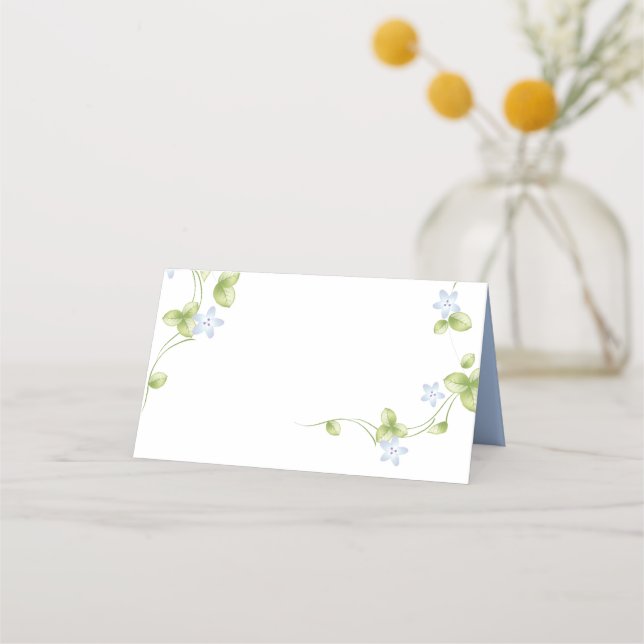 Blue Floral Vines Wedding Folded Place Card (Front)