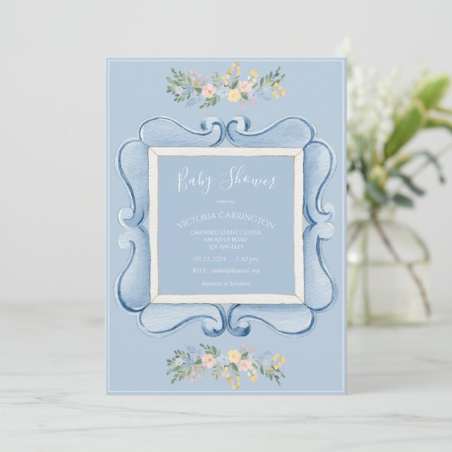 Blue Floral Vintage Baby Shower Invitation (Standing Front)