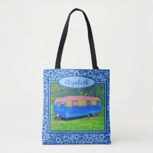 Blue Floral Vintage Camper Travel Trailer Tote Bag