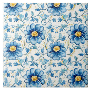 Blue Floral Vintage Elegant Ceramic Tile