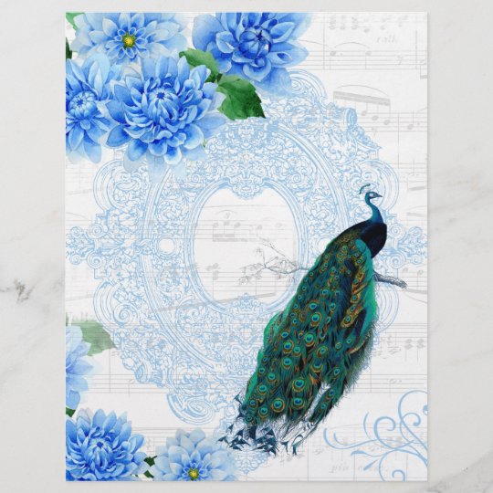 Blue Floral Vintage Peacock Scrapbook Paper