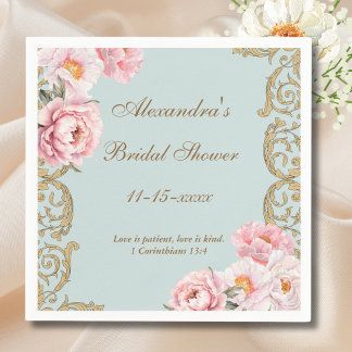 Blue Floral Vintage Peony Christian Bridal Shower Napkins