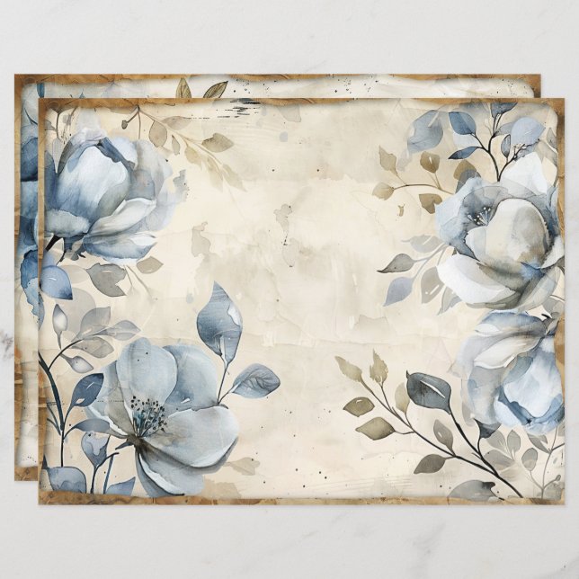 Blue Floral Vintage Scrapbook Paper (Front/Back)