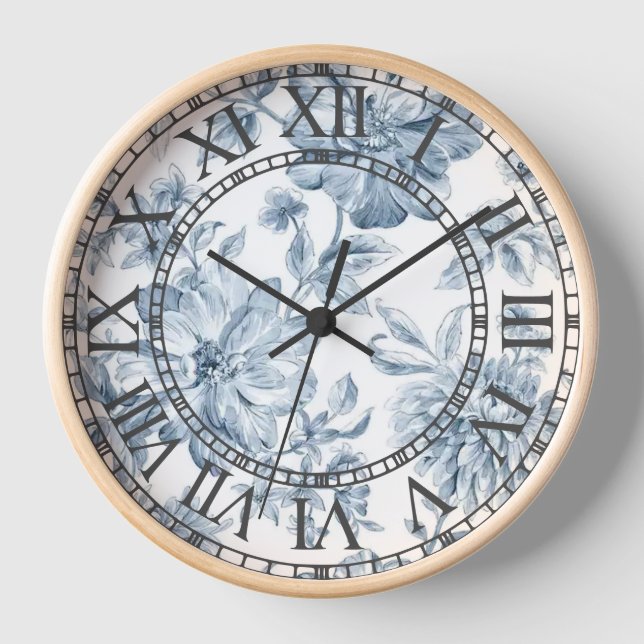Blue Floral Vintage Wall Clock (Front)