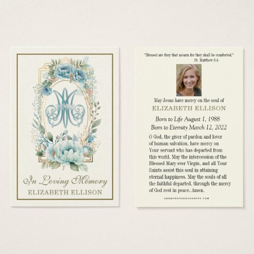 Blue Floral Virgin Mary Funeral Prayer Card