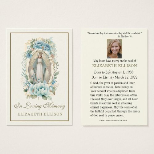 Blue Floral Virgin Mary Funeral Prayer Card