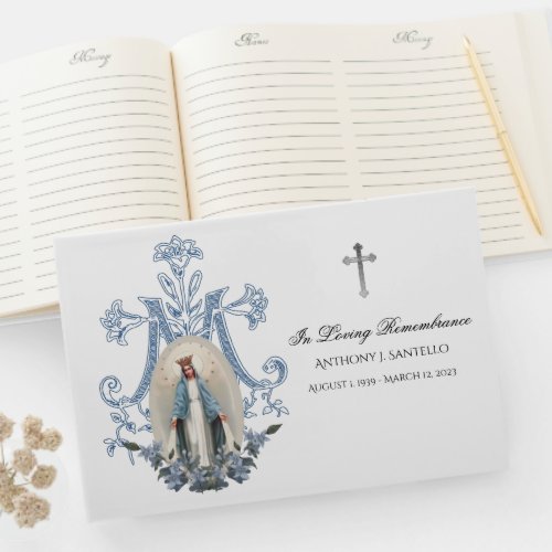 Blue Floral Virgin Mary  Memorial Funeral  Guest Book