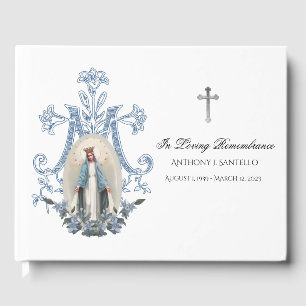 Blue Floral Virgin Mary  Memorial Funeral  Guest Book