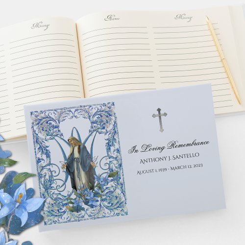 Blue Floral Virgin Mary  Memorial Funeral  Guest Book