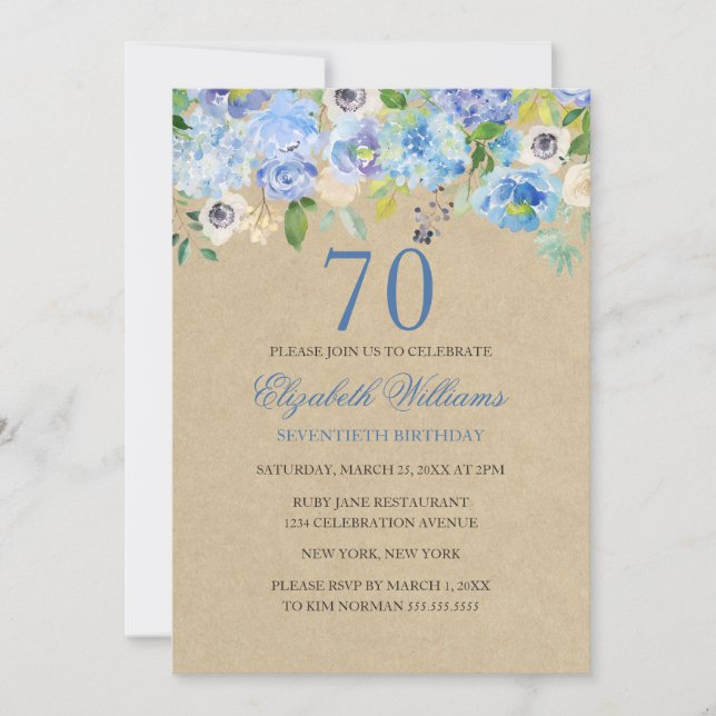 Blue Floral Watercolor 70th Birthday Invite (Front)