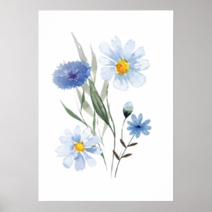 Blue Floral Watercolor Art Elegant Wildflower Ho Poster