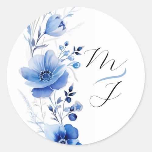 Blue Floral Watercolor Botanical  Classic Round Sticker