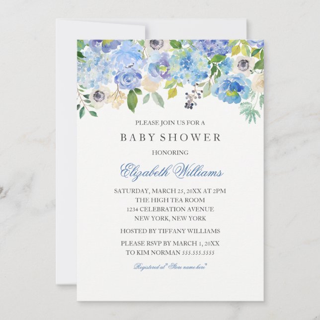 Blue Floral Watercolor Boy Baby Shower Invitation (Front)