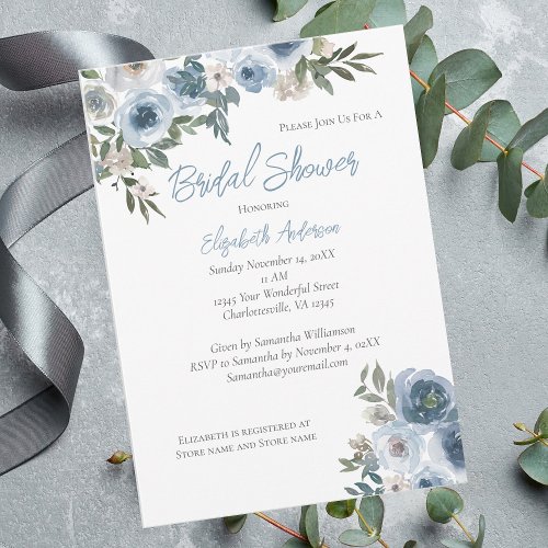 Blue Floral Watercolor  Bridal Shower Invitation